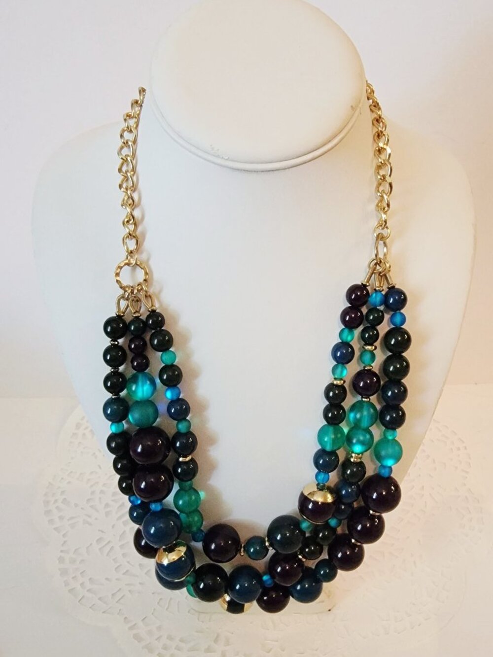 Vintage Teal, Black and Blue Beaded Triple Strand Necklace.
